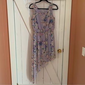 Lilac Lavender Floral Print Asymmetrical Flowy Feminine Boho Cottagecore Dress
